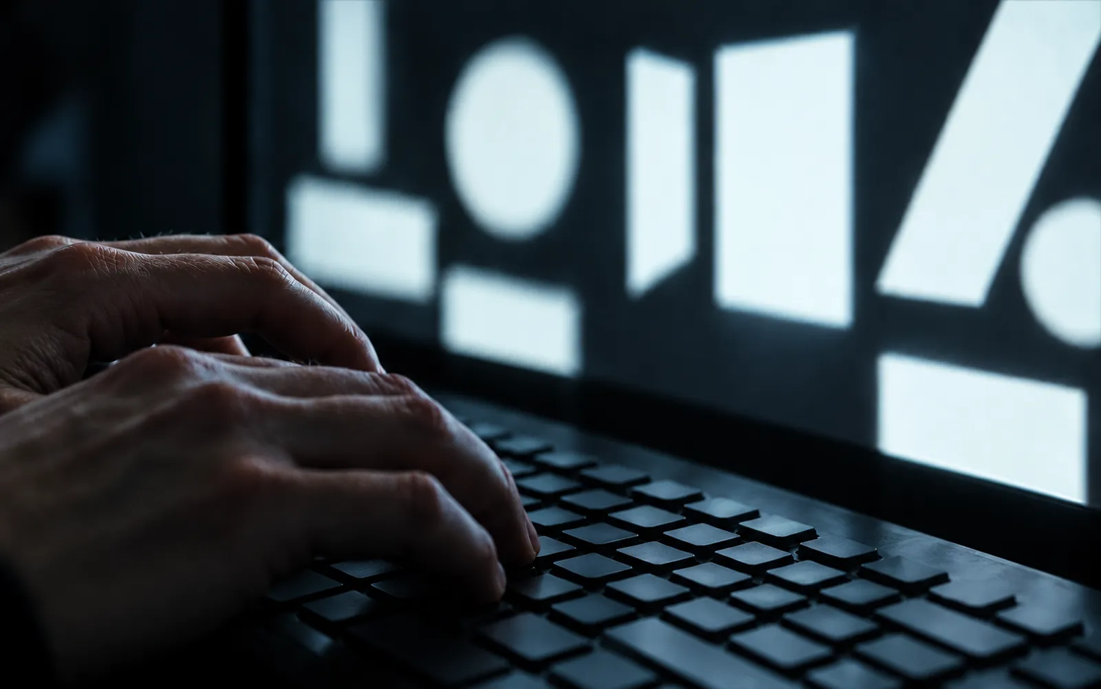 Fingers on a keyboard in front of a screen of white geometric shapes