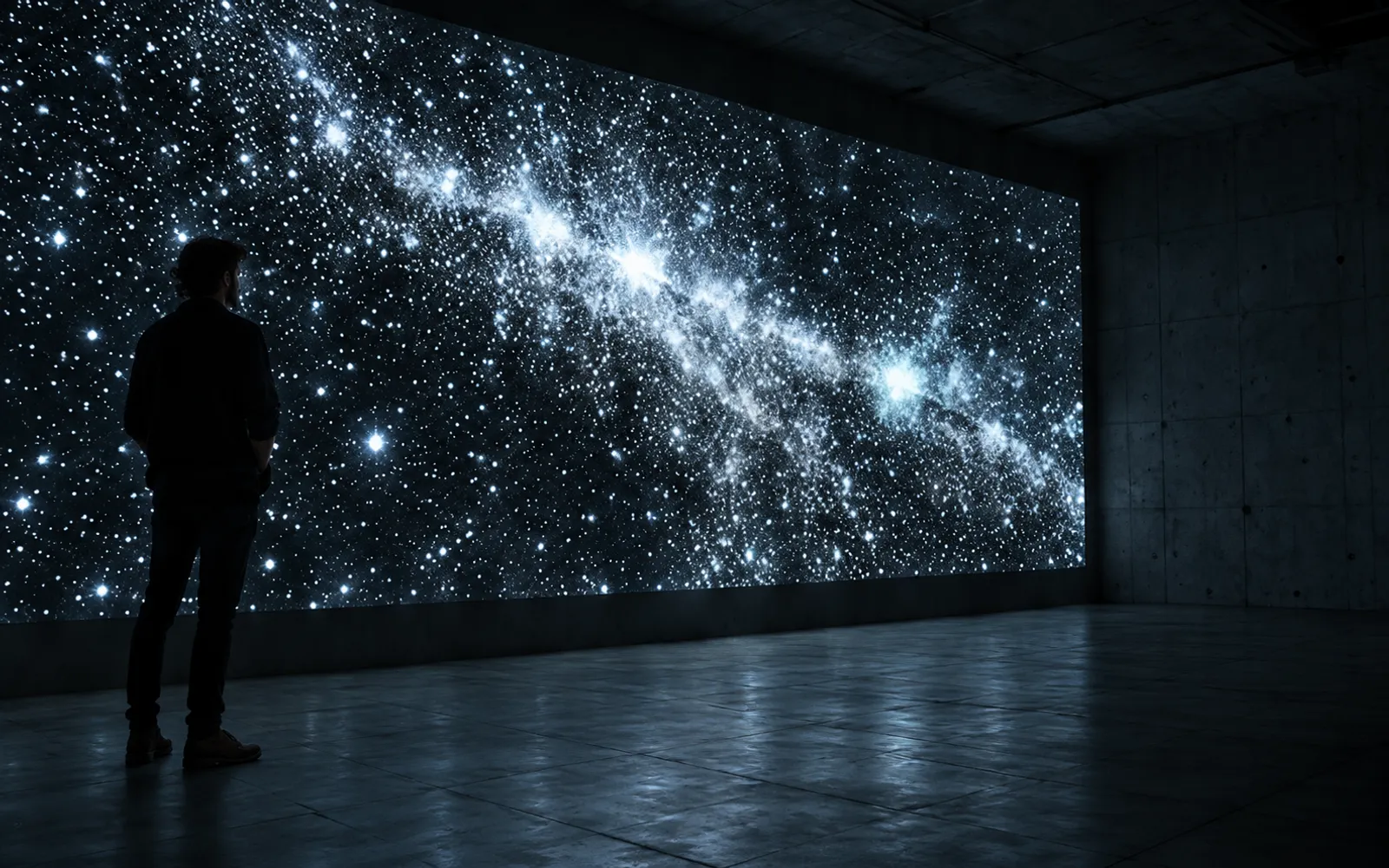 A person standing in silhouette before a wall-sized projection of a dense field of stars