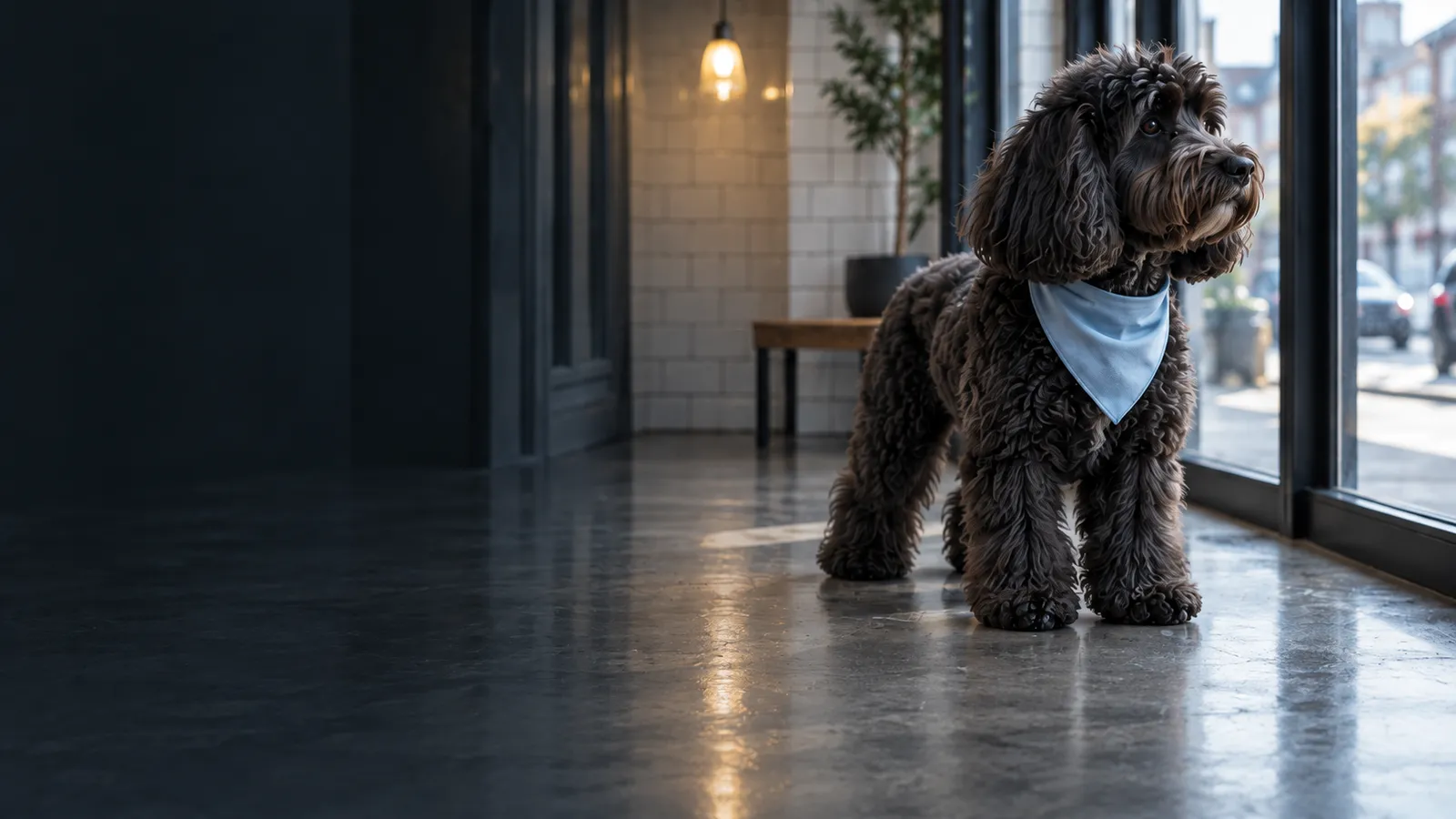 A black curly cockapoo in a pale blue bandana standing by the salon's front window, looking out