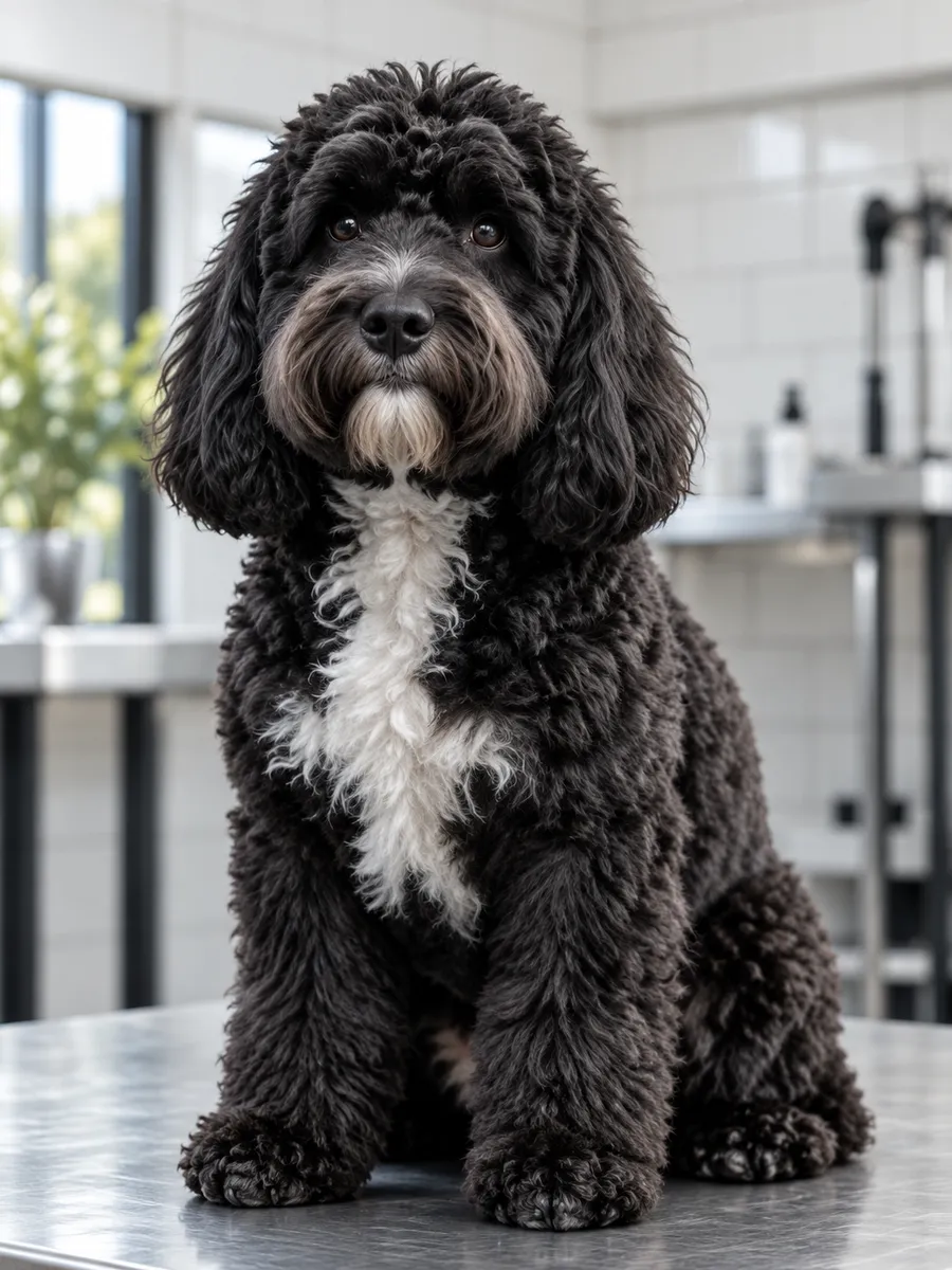 A black cockapoo with a white chest in a soft teddy trim, sitting on the grooming table