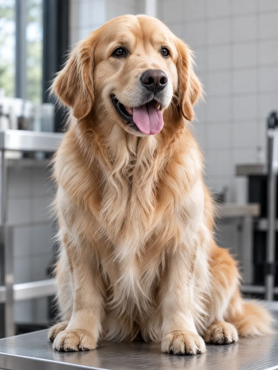 A golden retriever with combed feathering sitting on the grooming table, mouth open