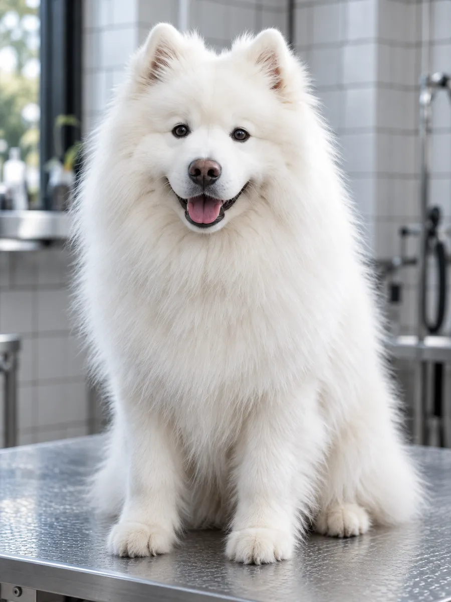 A white Samoyed with a cloud of freshly brushed coat, sitting and smiling