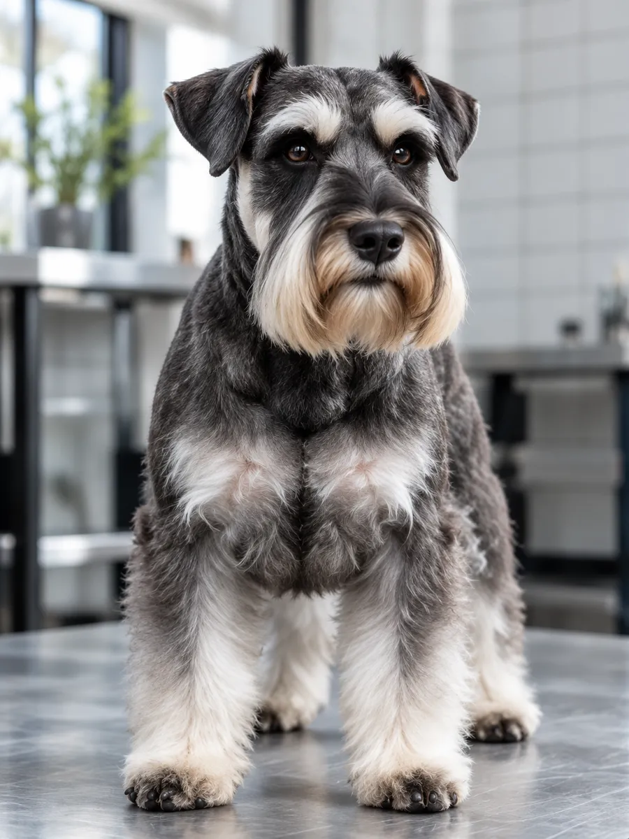 A salt-and-pepper miniature schnauzer with crisp brows and beard standing on the grooming table