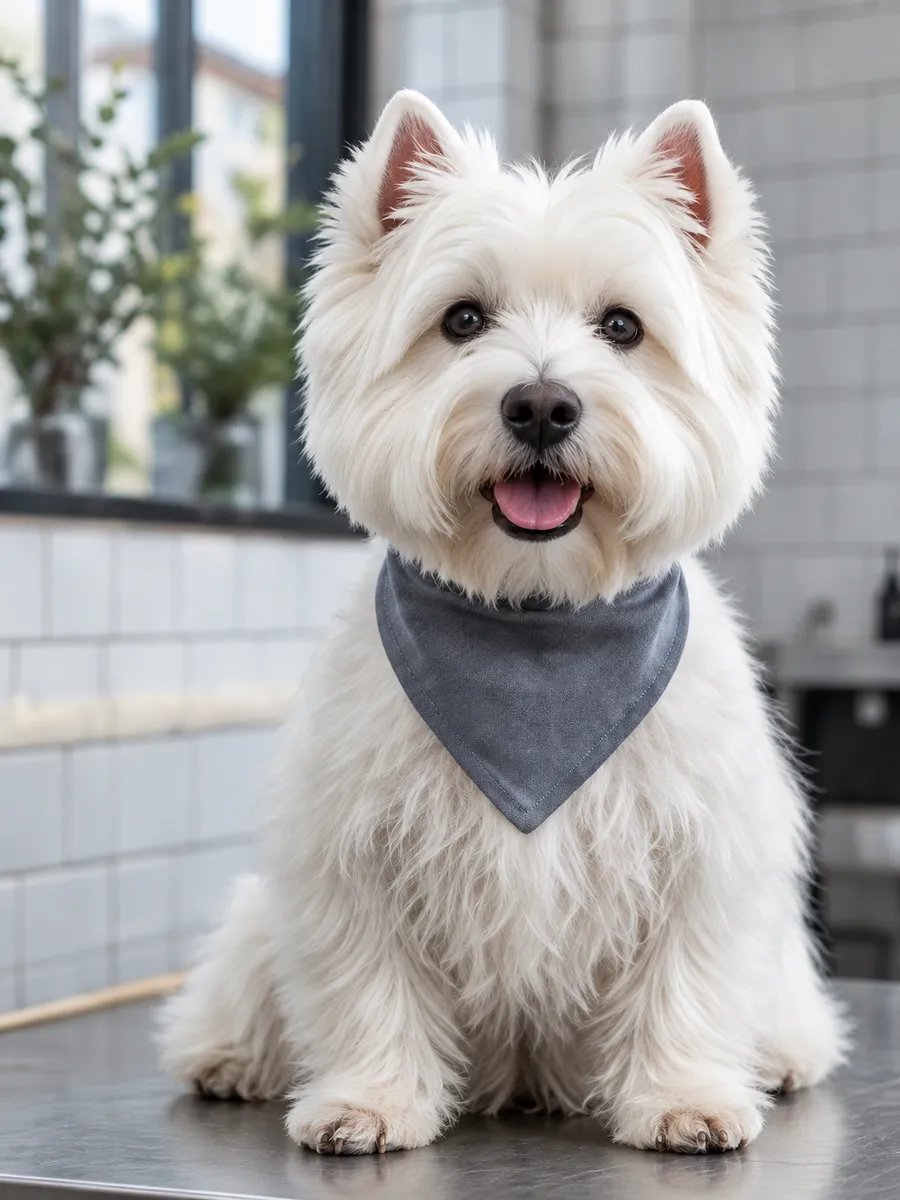 A freshly groomed West Highland terrier with a round face in a grey bandana on the grooming table