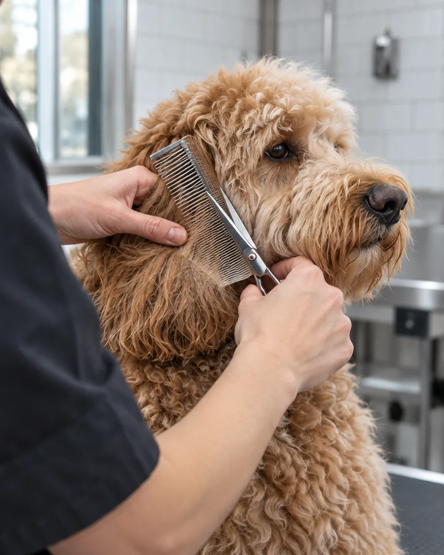 A groomer's hands working a steel comb and round-tipped scissors through an apricot doodle's cheek