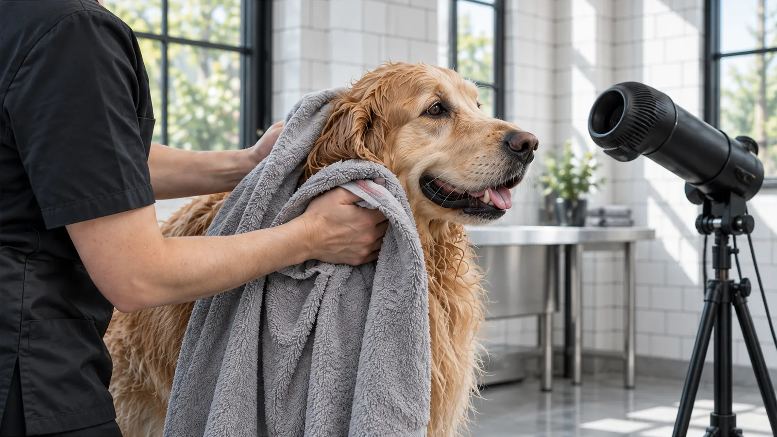 A groomer towel-drying a damp golden retriever beside a black stand dryer in the bright tiled salon