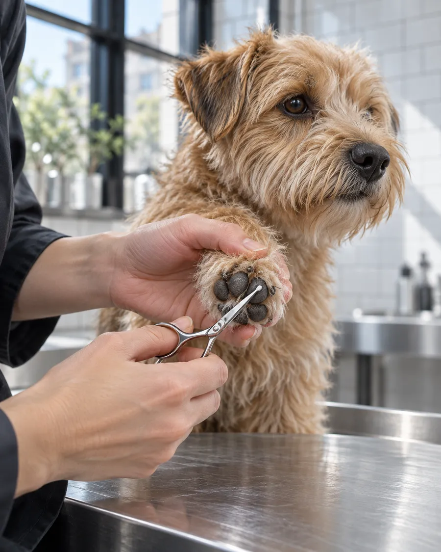 A groomer's hands trimming the fur around a small dog's paw pad with round-tipped scissors