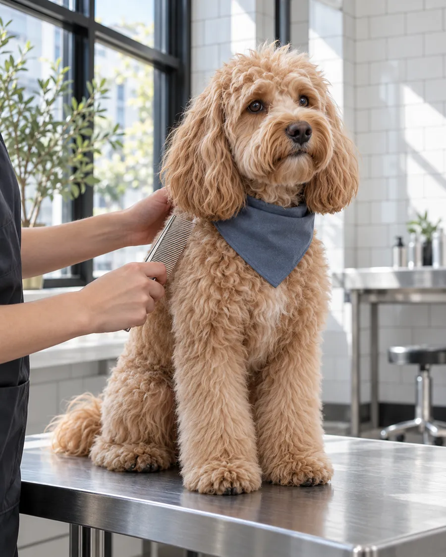 A freshly groomed apricot cavapoo in a slate-blue bandana on the grooming table, a groomer combing it