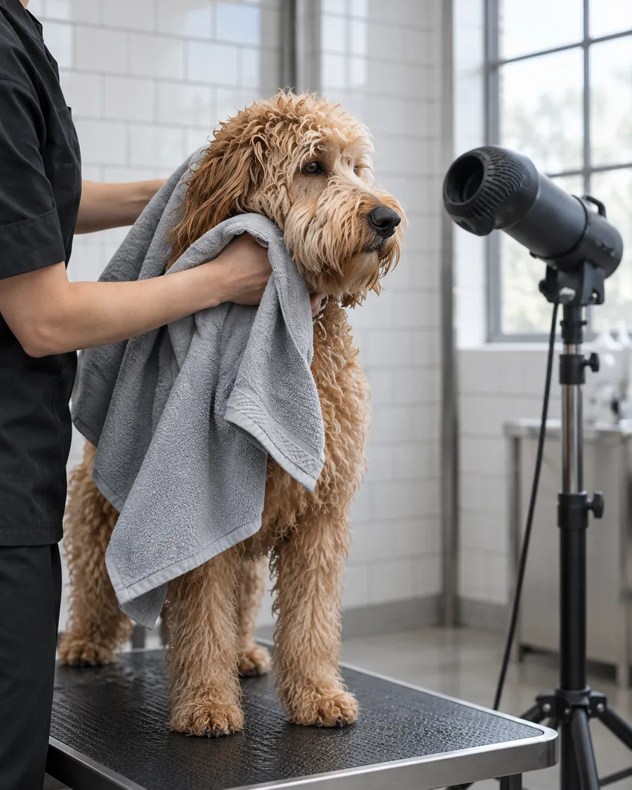 A groomer towel-drying a curly apricot doodle beside a black stand dryer
