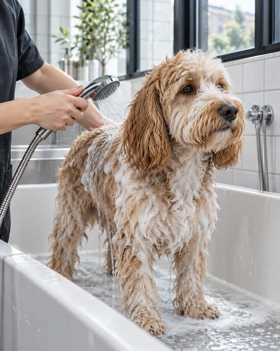 A cockapoo standing in a white salon bath while a groomer rinses its back with a shower head