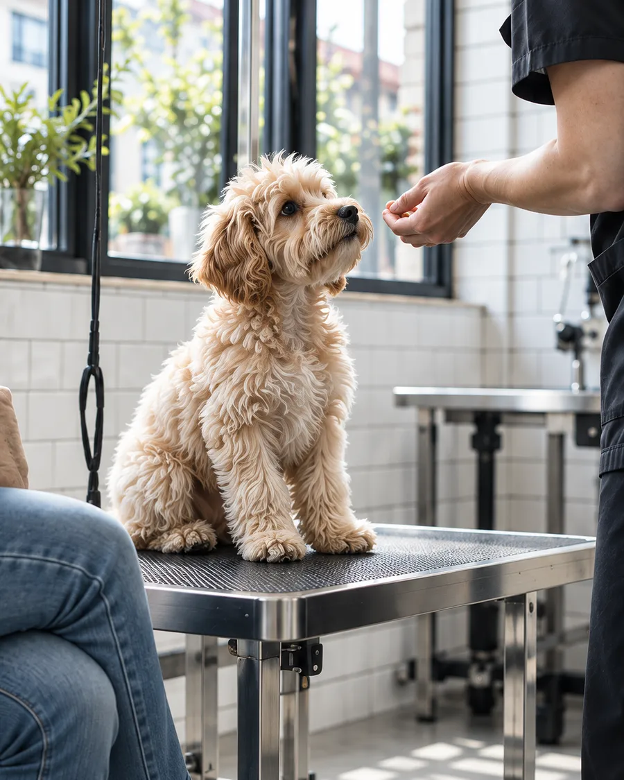 A small cream curly puppy on a low grooming table looking up at a groomer's open hand