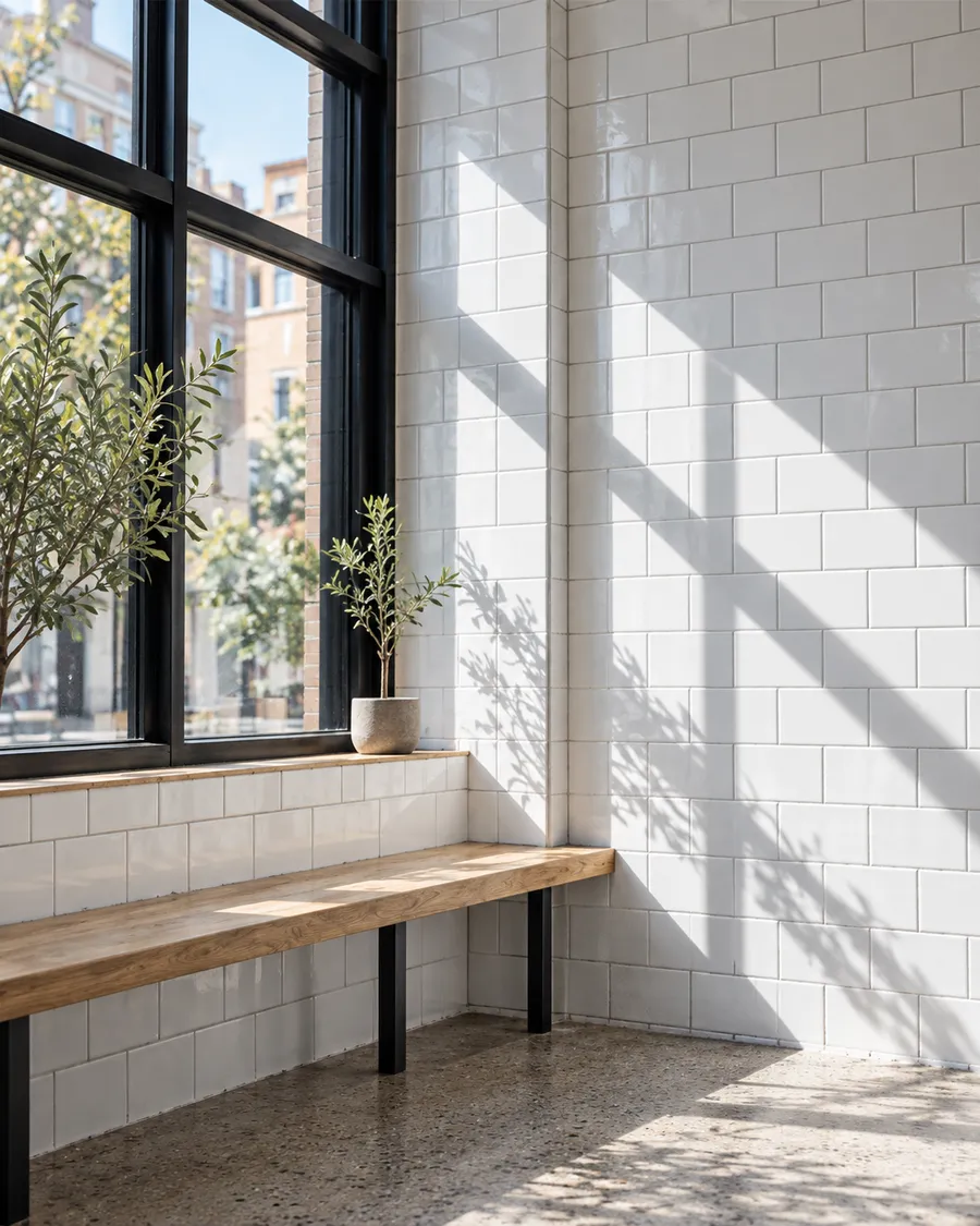 Daylight through the old launderette window falling across white wall tiles and an oak bench