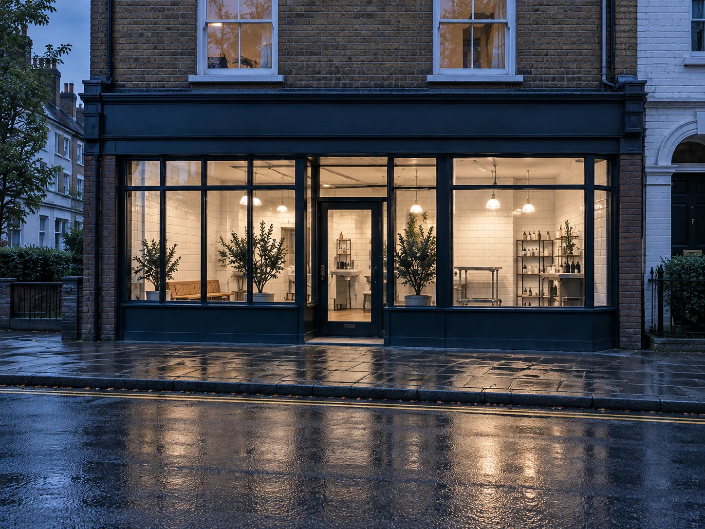 The salon's shopfront at blue hour, its big windows lit and white tiles inside, the pavement wet