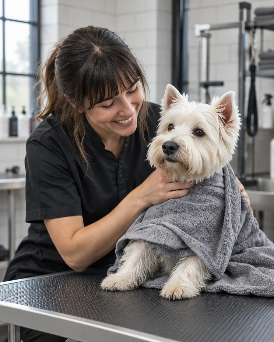 Portrait of Bea Carter holding a white West Highland terrier wrapped in a grey towel