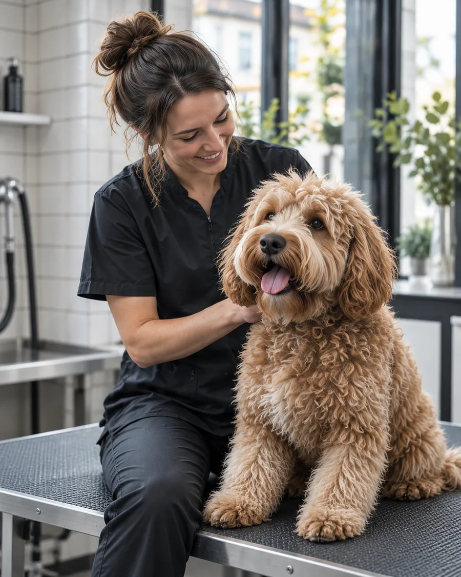 Portrait of Hattie Brennan smiling, her arm round a curly apricot labradoodle