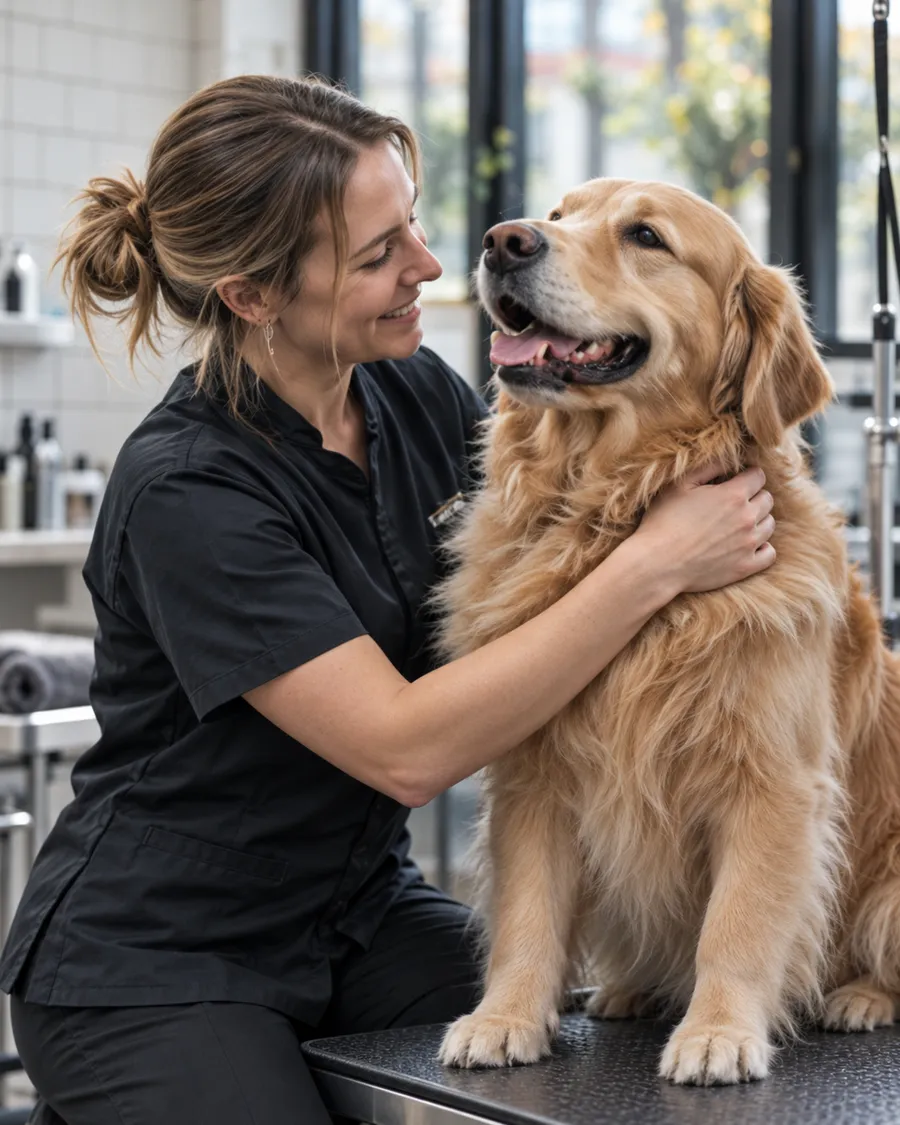 Portrait of Lena Moss cheek to cheek with a golden retriever
