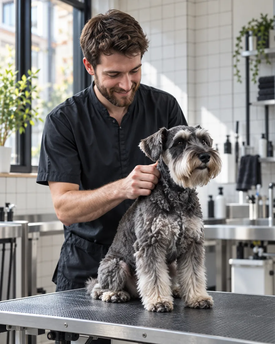 Portrait of Tom Ridley smiling, his hands on a grey miniature schnauzer on the table