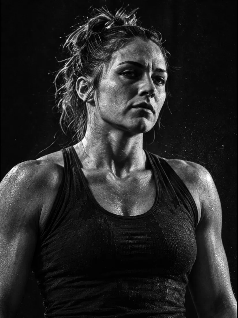 Black-and-white portrait of a woman with tied-back hair in a black tank top