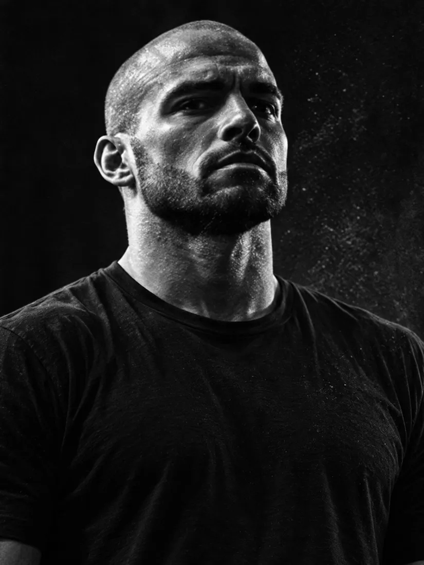 Black-and-white portrait of a man with a shaved head and short beard
