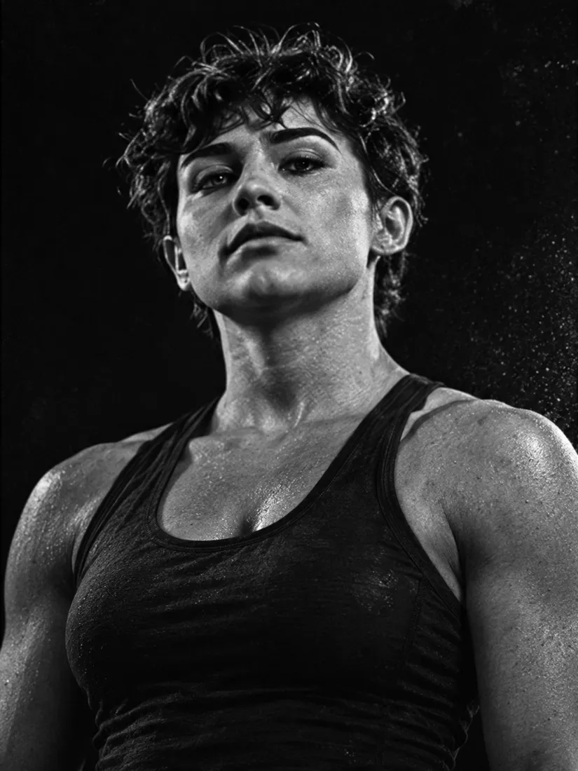 Black-and-white portrait of a woman with short curly hair in a black tank top