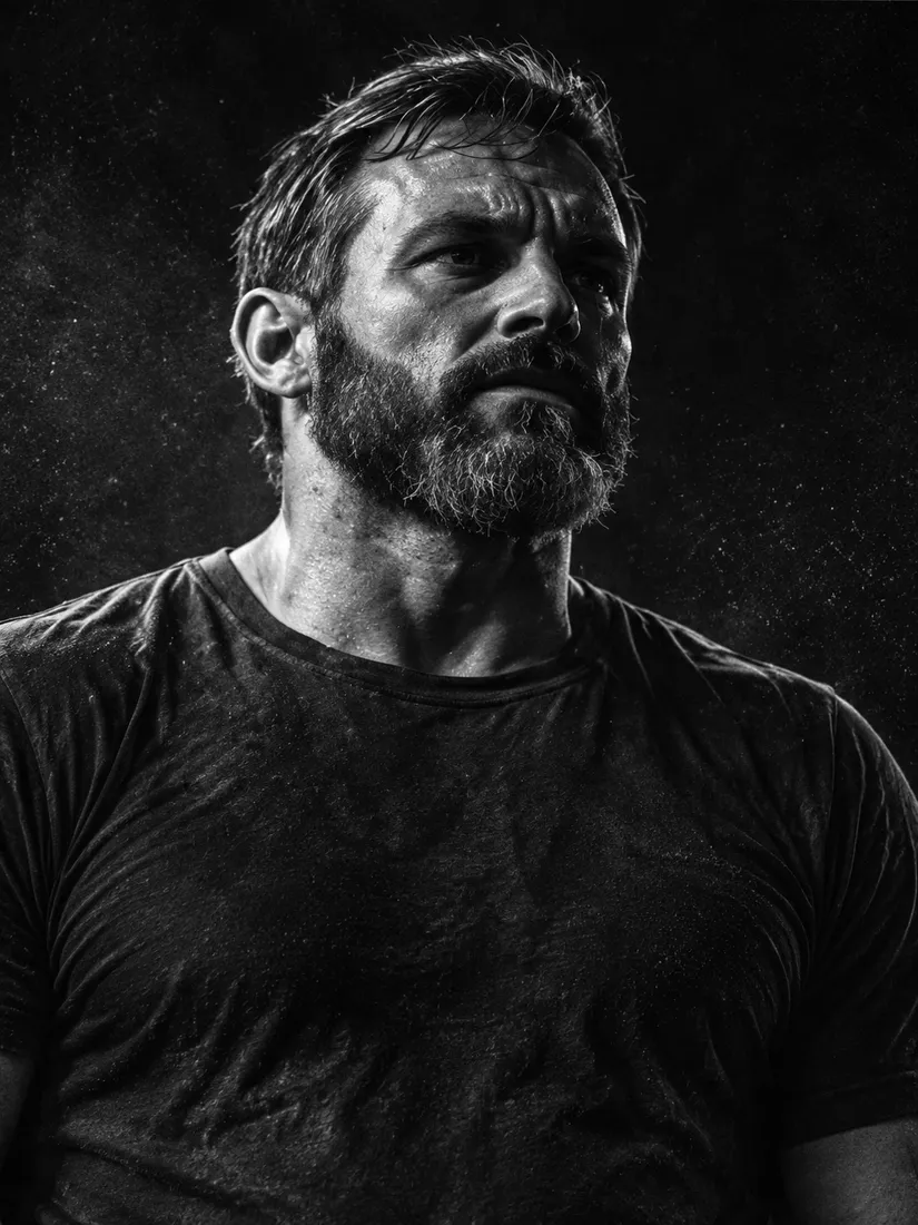 Black-and-white portrait of a bearded man in a black T-shirt, lit hard from the side