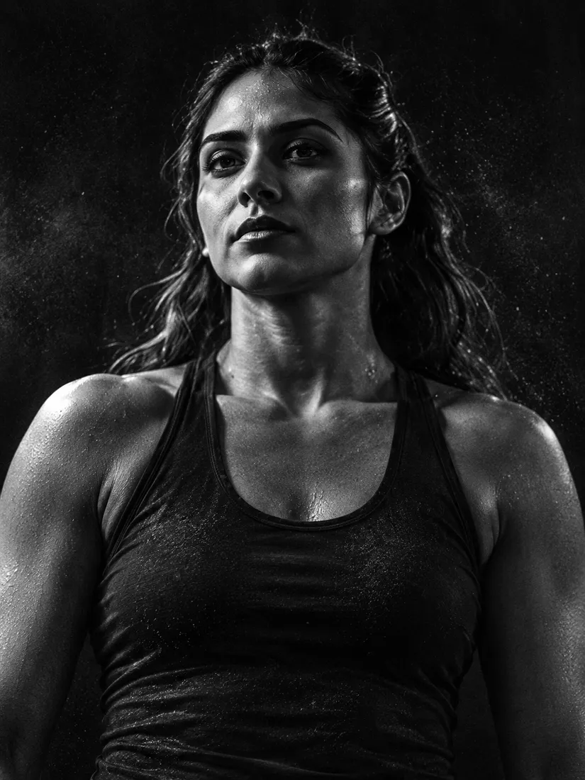 Black-and-white portrait of a woman with long dark hair in a black tank top