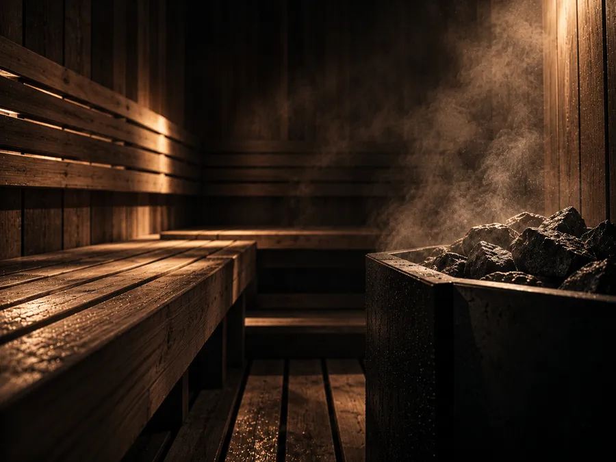 Cedar sauna benches and a stone heater in warm low light and haze