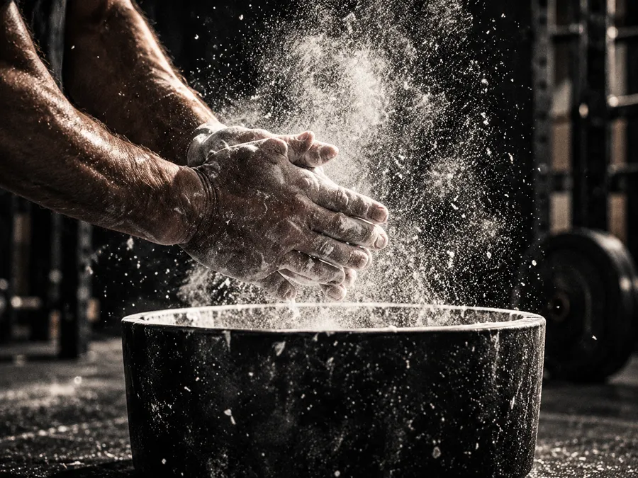 Hands rubbing chalk over a chalk bowl in a cloud of white dust