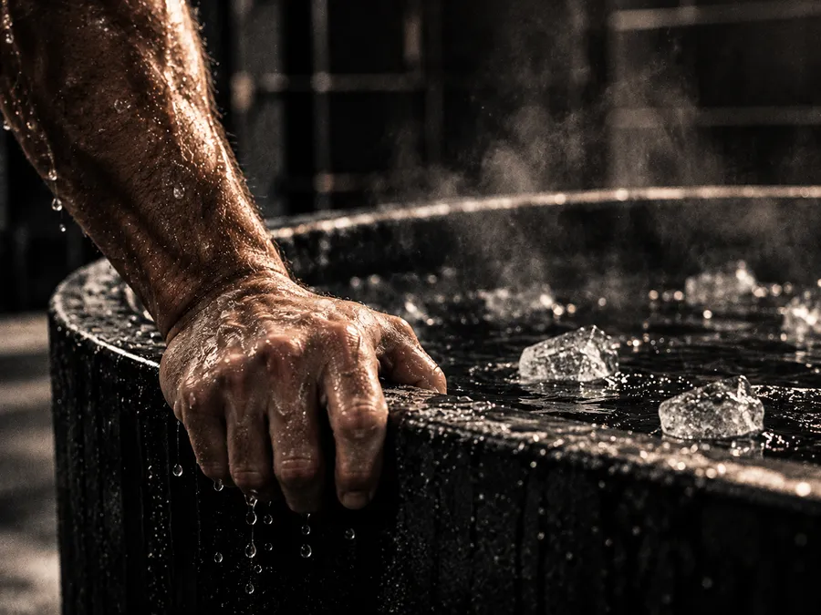 Wet forearm and hand gripping the rim of a cold plunge, ice floating in the water