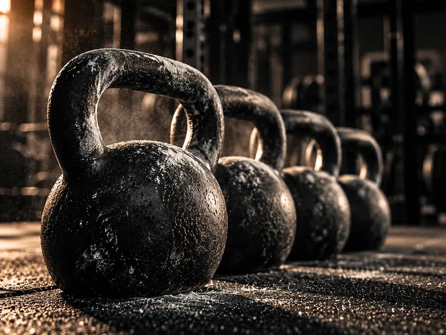A row of chalky cast-iron kettlebells on a rubber floor in hard side light