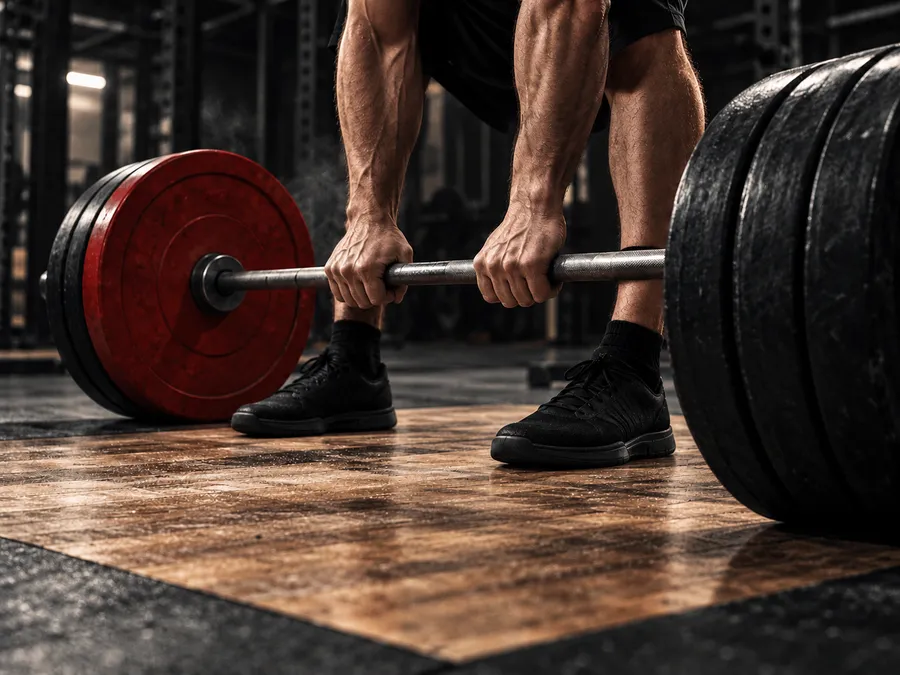 Lifter's hands and feet setting up a barbell with a red plate on a wooden platform