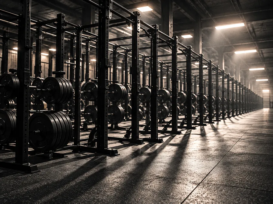 A long row of loaded power racks receding under hard industrial light