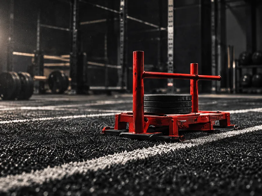 A red push sled loaded with a plate on black turf beside a white line