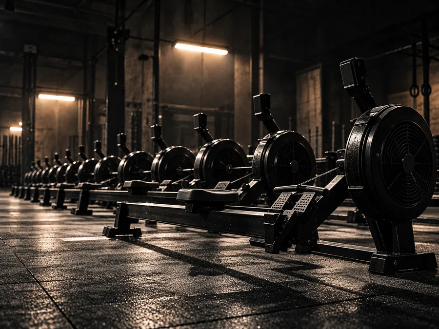 A row of rowing machines with fan flywheels receding into a dark gym
