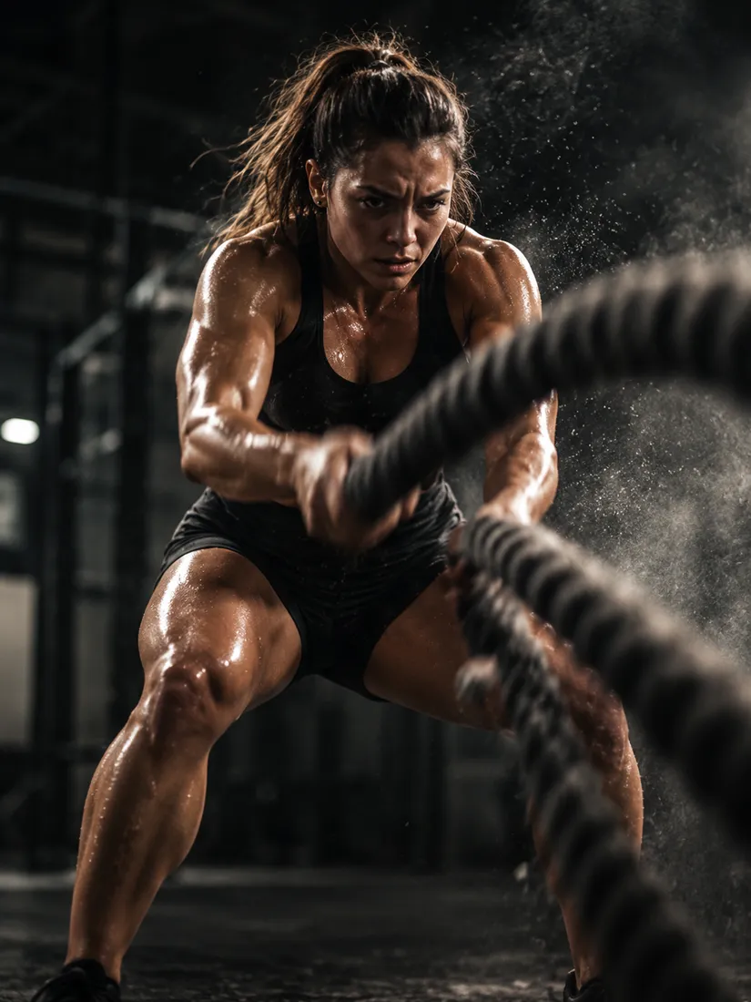 Woman driving heavy battle ropes, sweat and chalk caught in the light