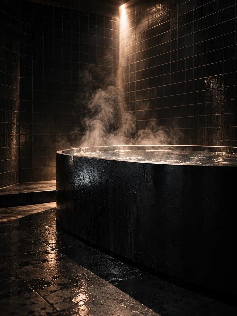 Steam rising off a round cold-plunge tub in a dark tiled recovery room