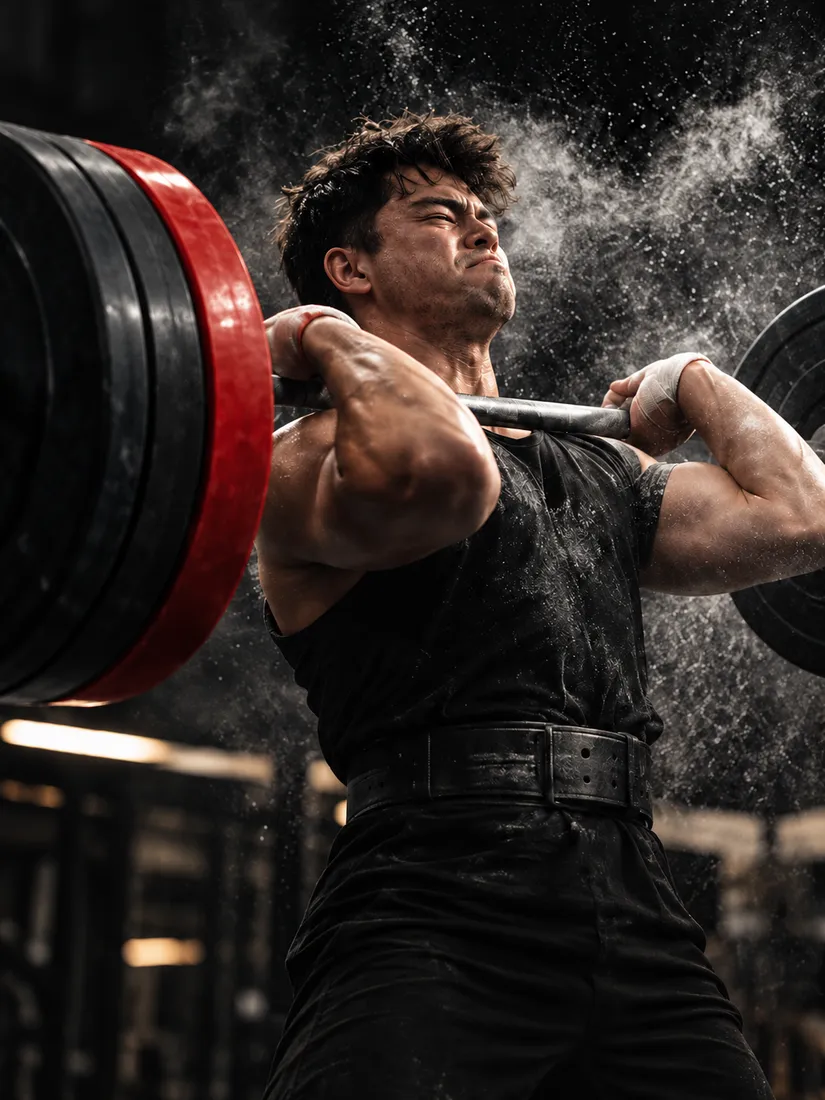 Lifter catching a clean in the front rack, a burst of chalk around him