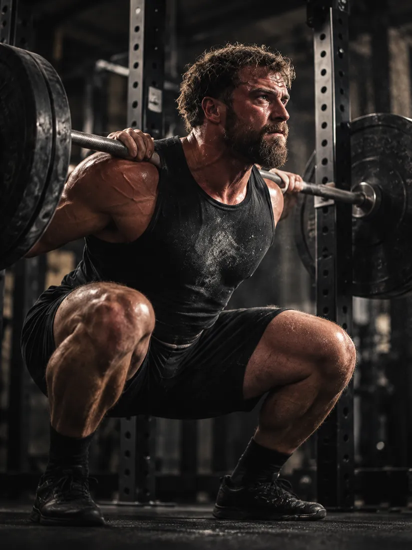 Bearded athlete at the bottom of a heavy back squat inside a power rack