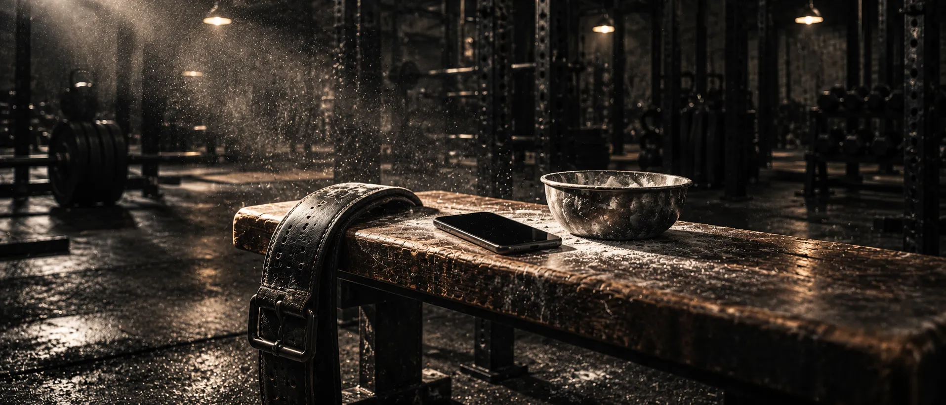 Phone, chalk bowl and lifting belt on a wooden bench in hard side light