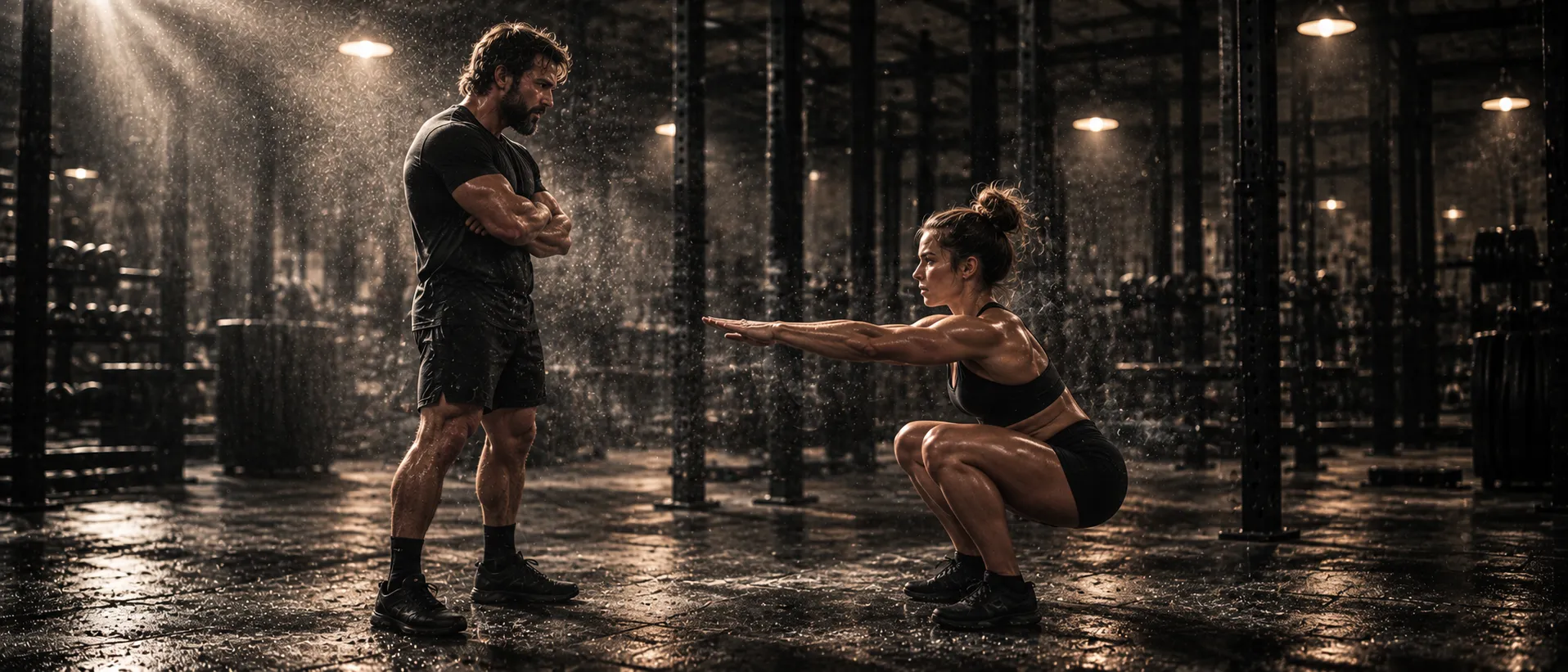 Coach with folded arms watching a woman hold a deep squat, both in profile