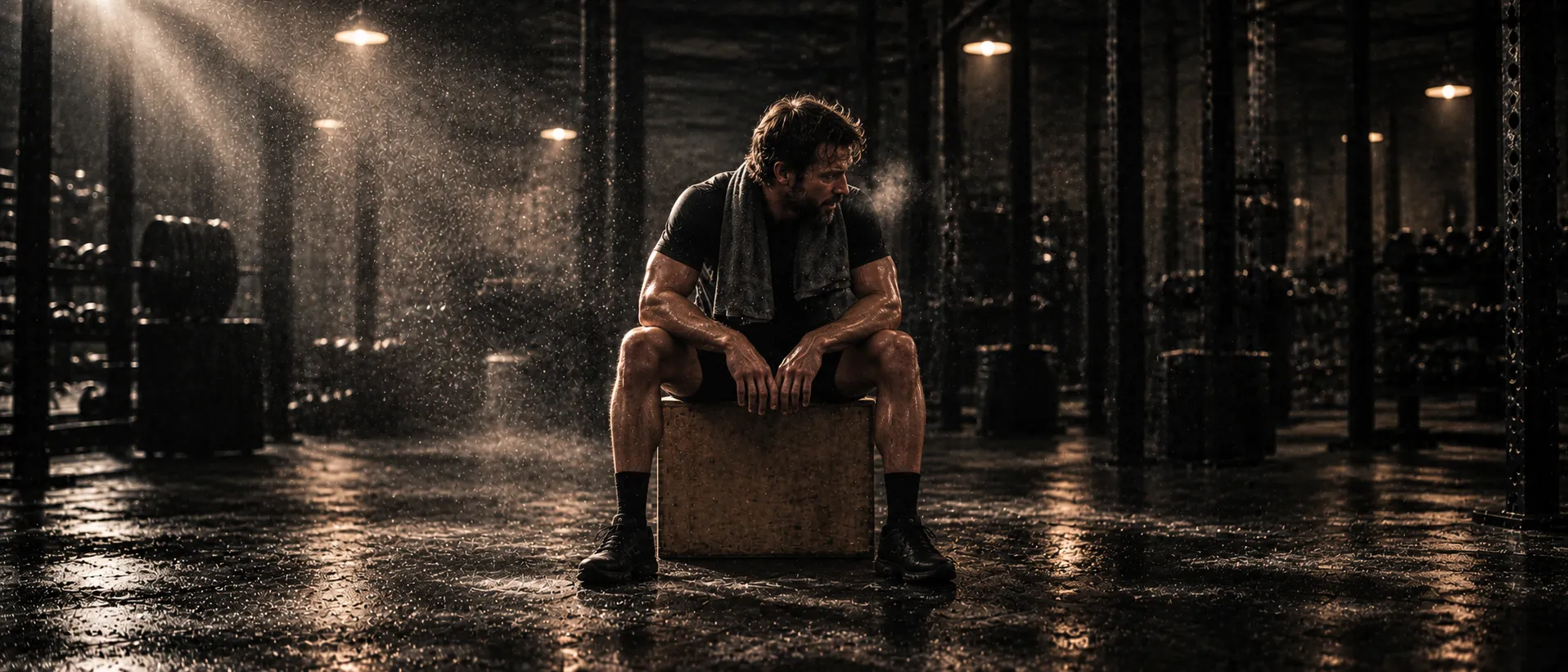 Man resting on a plyo box after training, towel round his neck, breath in the light