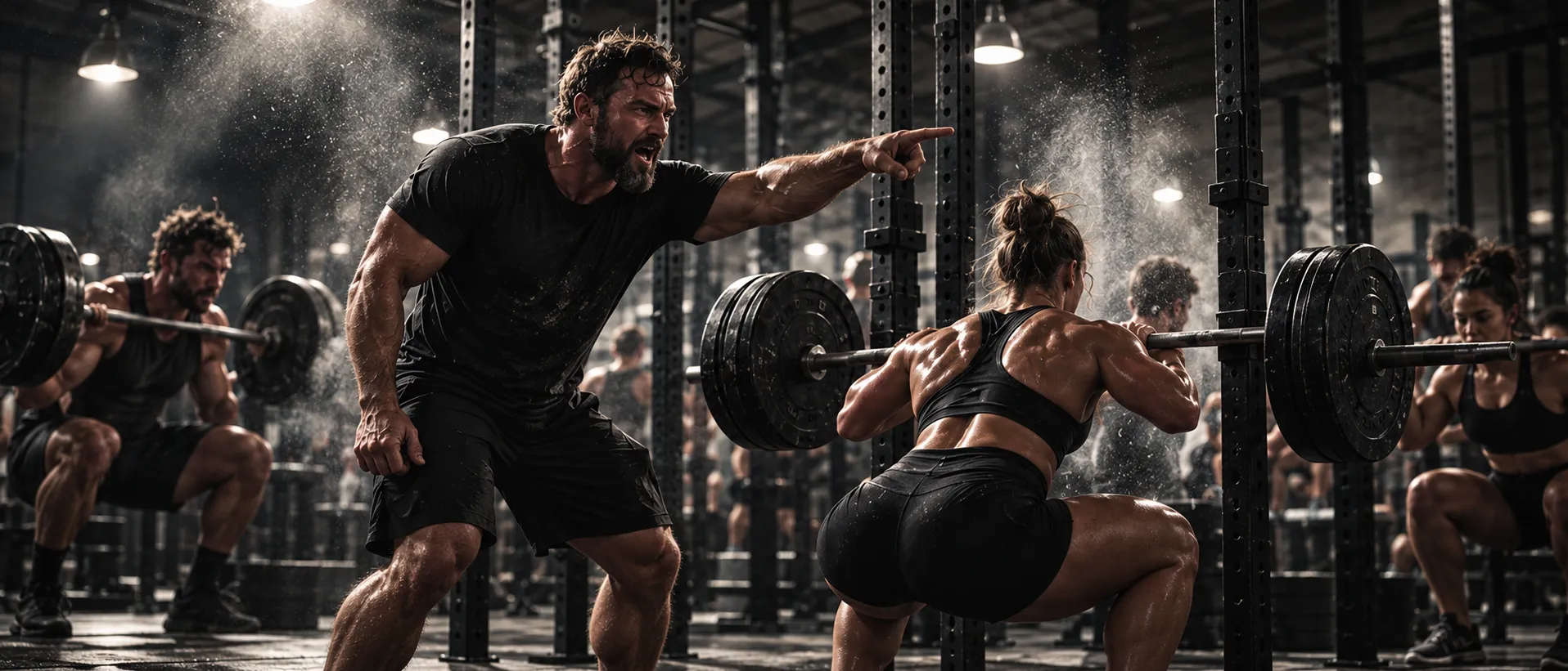 Coach shouting a cue to a woman squatting in the racks, a strength class around them