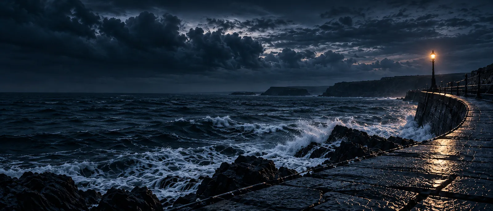 A stone harbour wall curving out to sea at dusk with one iron lamp lit at its end, waves breaking over the rocks beside it