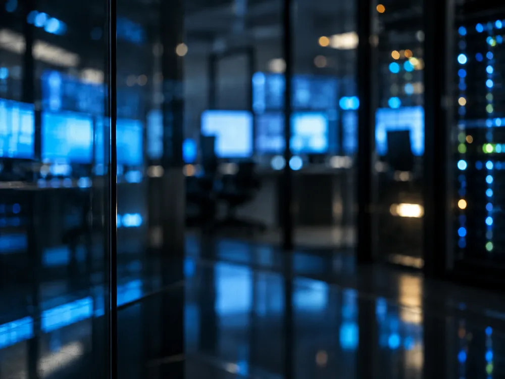 Out-of-focus reflections of blue screens and server lights in a dark room