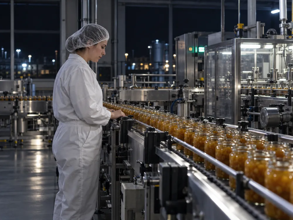A night-shift worker in white beside a conveyor of glass jars