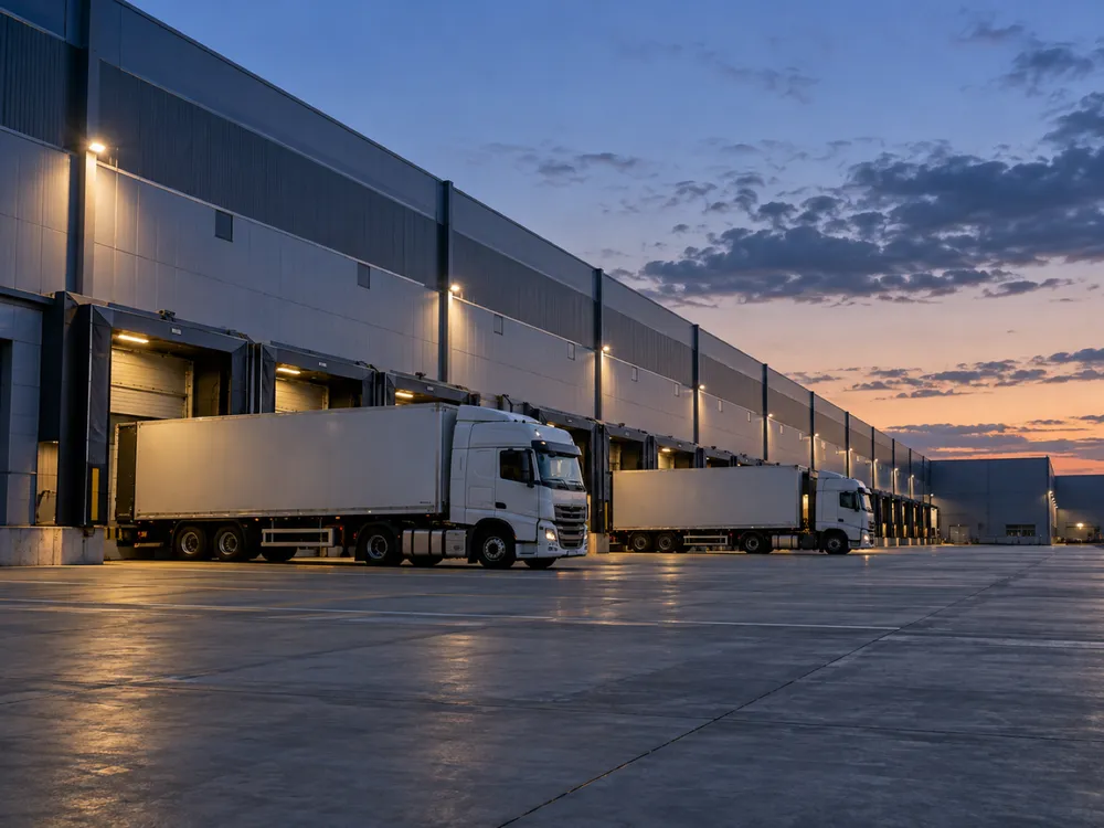 A modern logistics depot at dusk with a row of loading docks