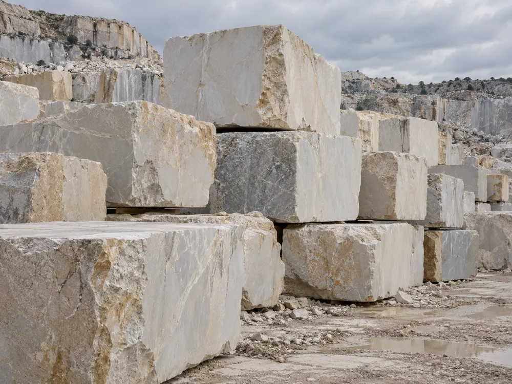 Cut blocks of pale stone stacked in a quarry yard