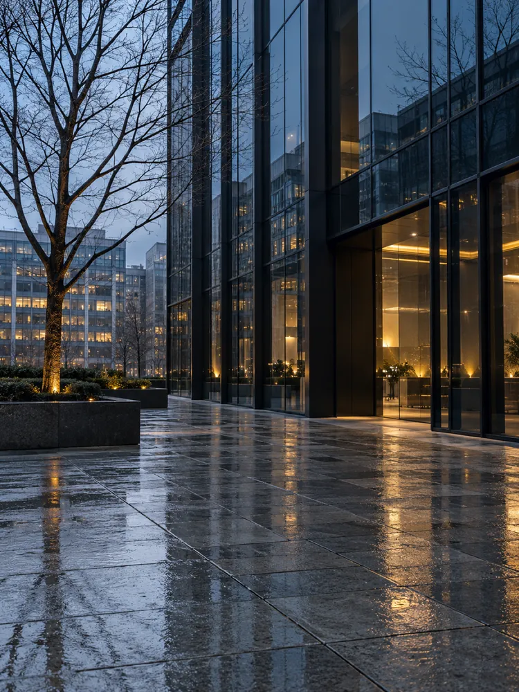 Wet stone paving beside a dark glass facade in London at dusk