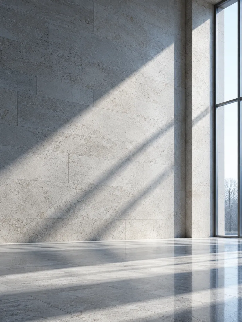 Cold morning light falling across a pale stone wall in an empty hall