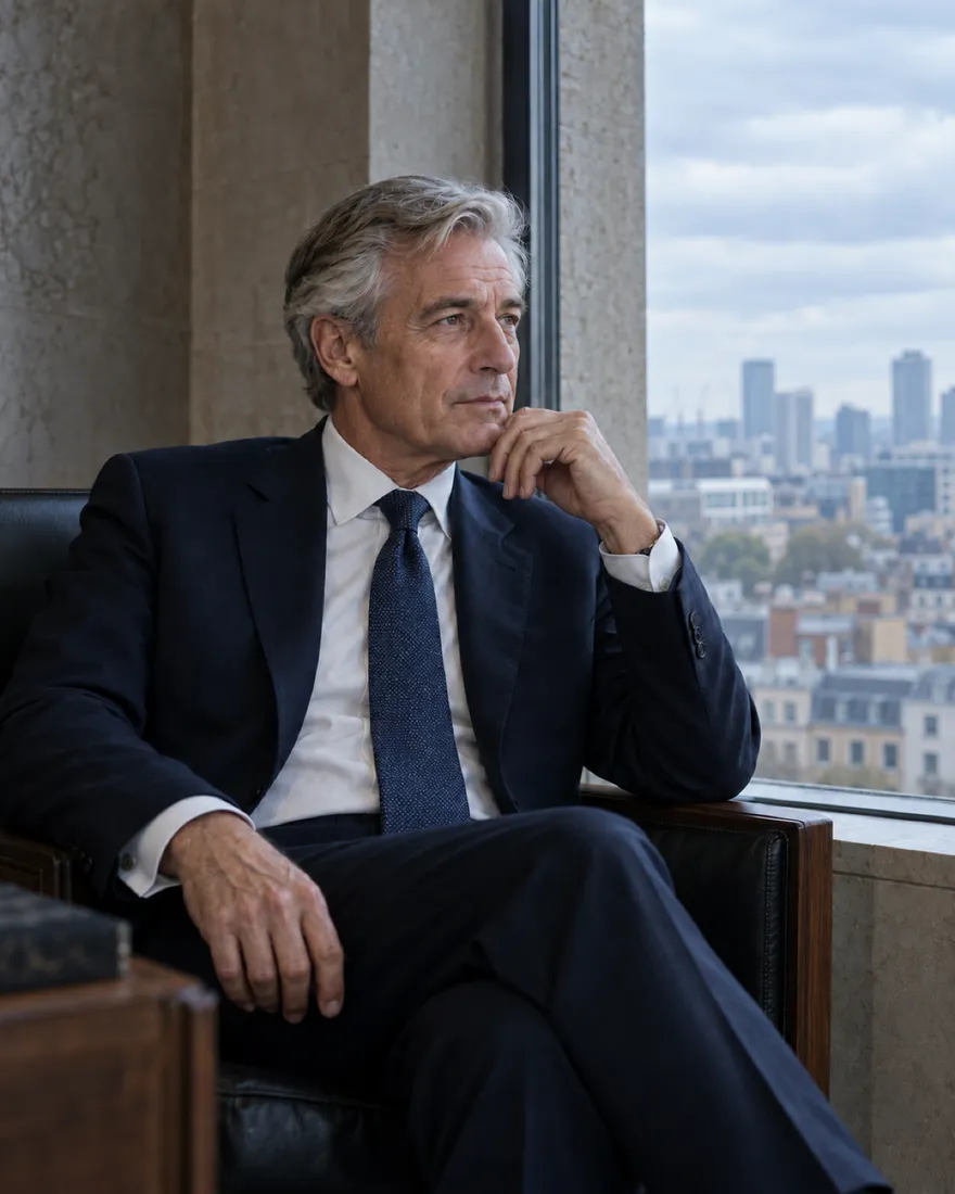 Johan Halden in a navy suit, seated by a tall window over the London rooftops, looking away from the camera